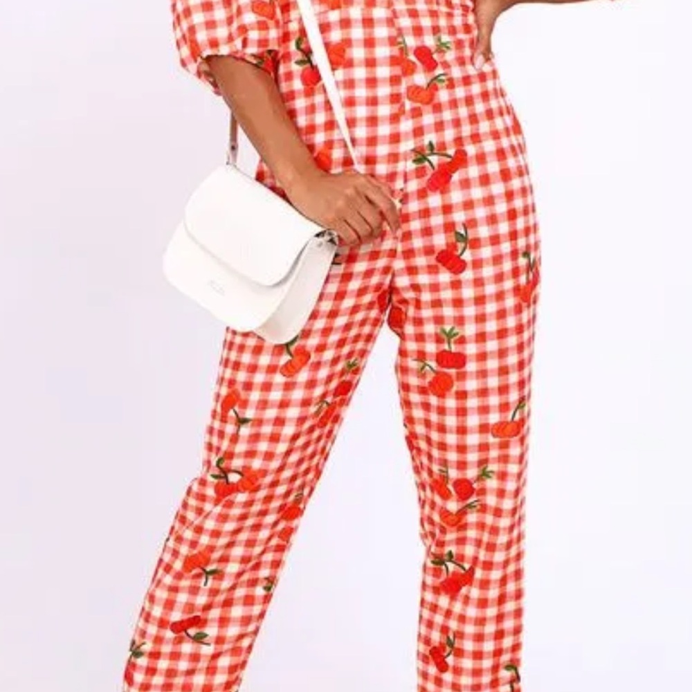 FARM Rio Red & White Gingham Cherry Print Jumpsuit